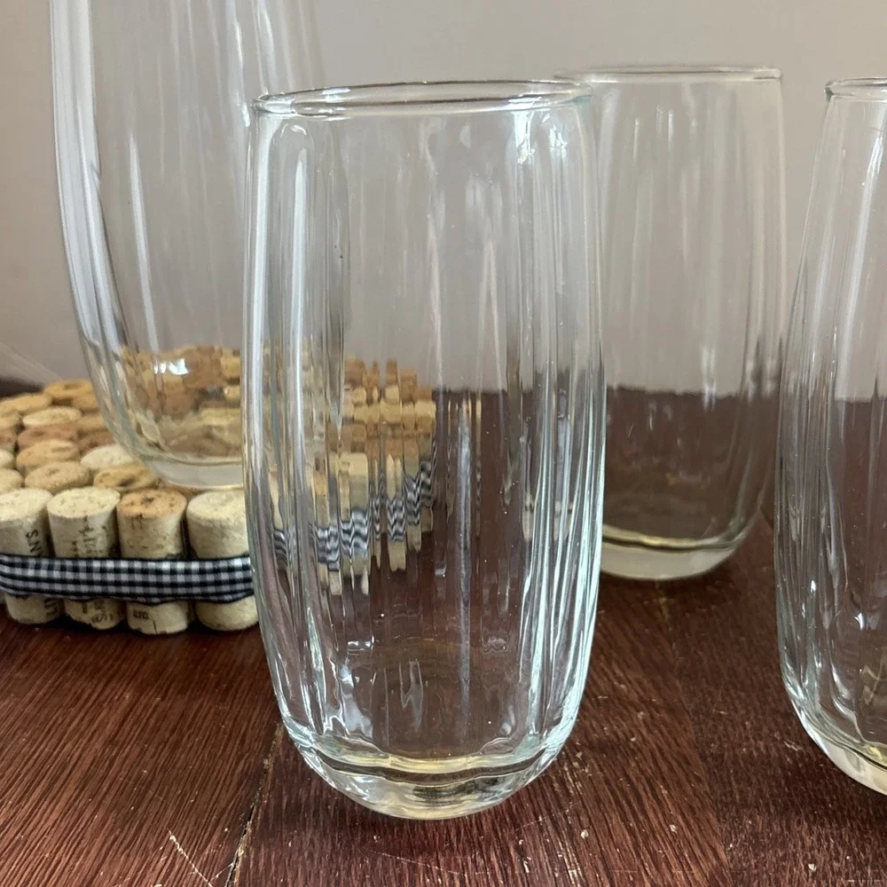 Vintage MCM 20oz Libbey Crisa Clear Glass Ribbed Tumbler Glasses Set Of 4‎